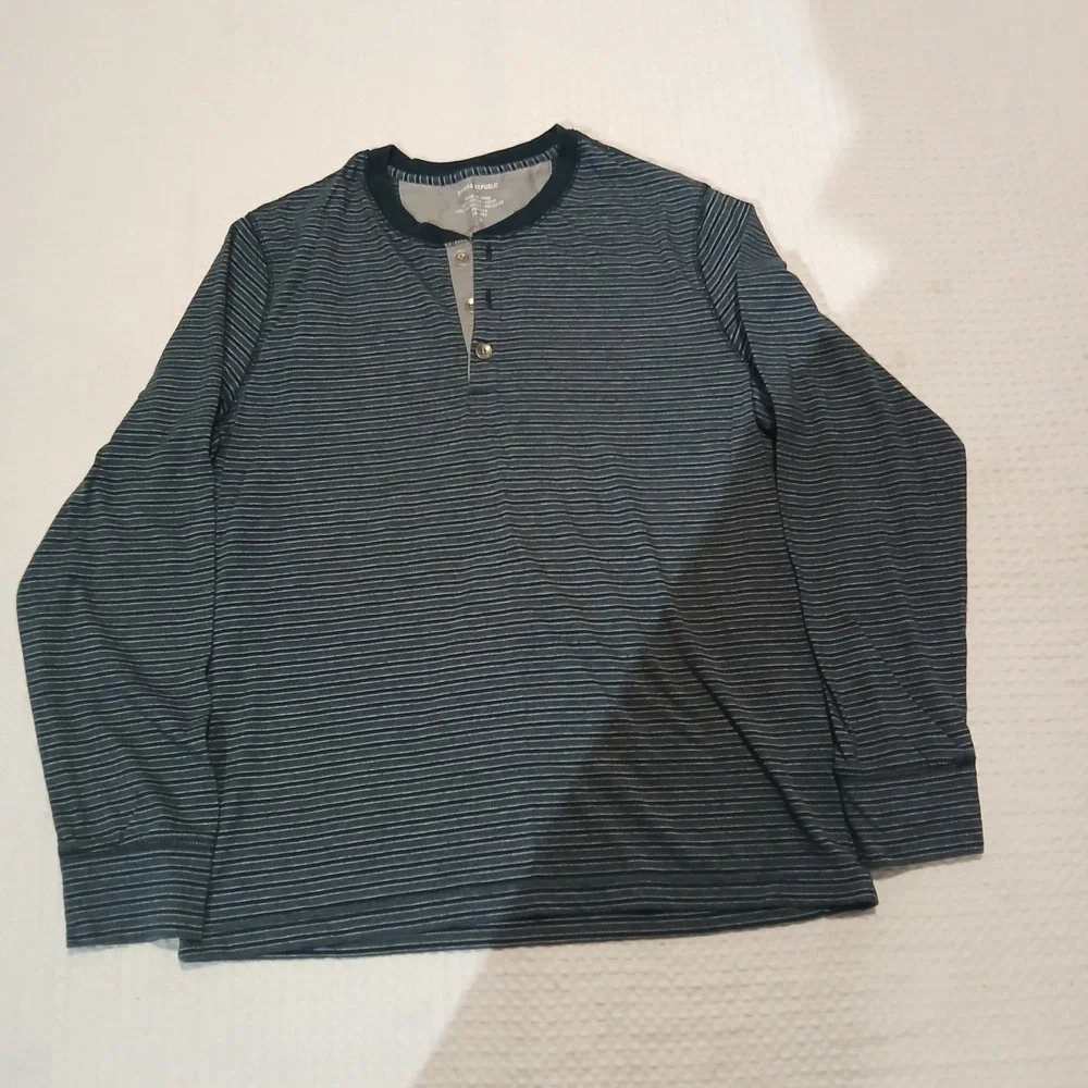 Banana Republic Mens Henley Shirt Long Sleeve Striped Navy Blue Grey Size M
